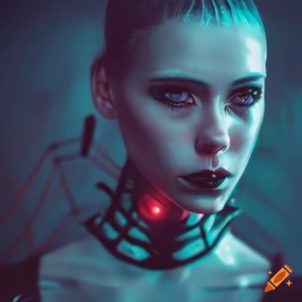 Close-up of a futuristic spider-inspired woman with cyberpunk aesthetics
