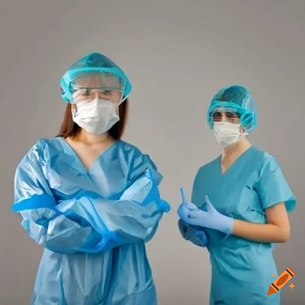 Two young nurses in personal protective equipment performing medical