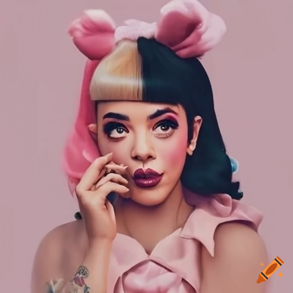 Melanie martinez in new image. pink skin, 4 eyes, big ears, light green  long hair, large build, flowers and mushrooms on the background and on the  body on Craiyon