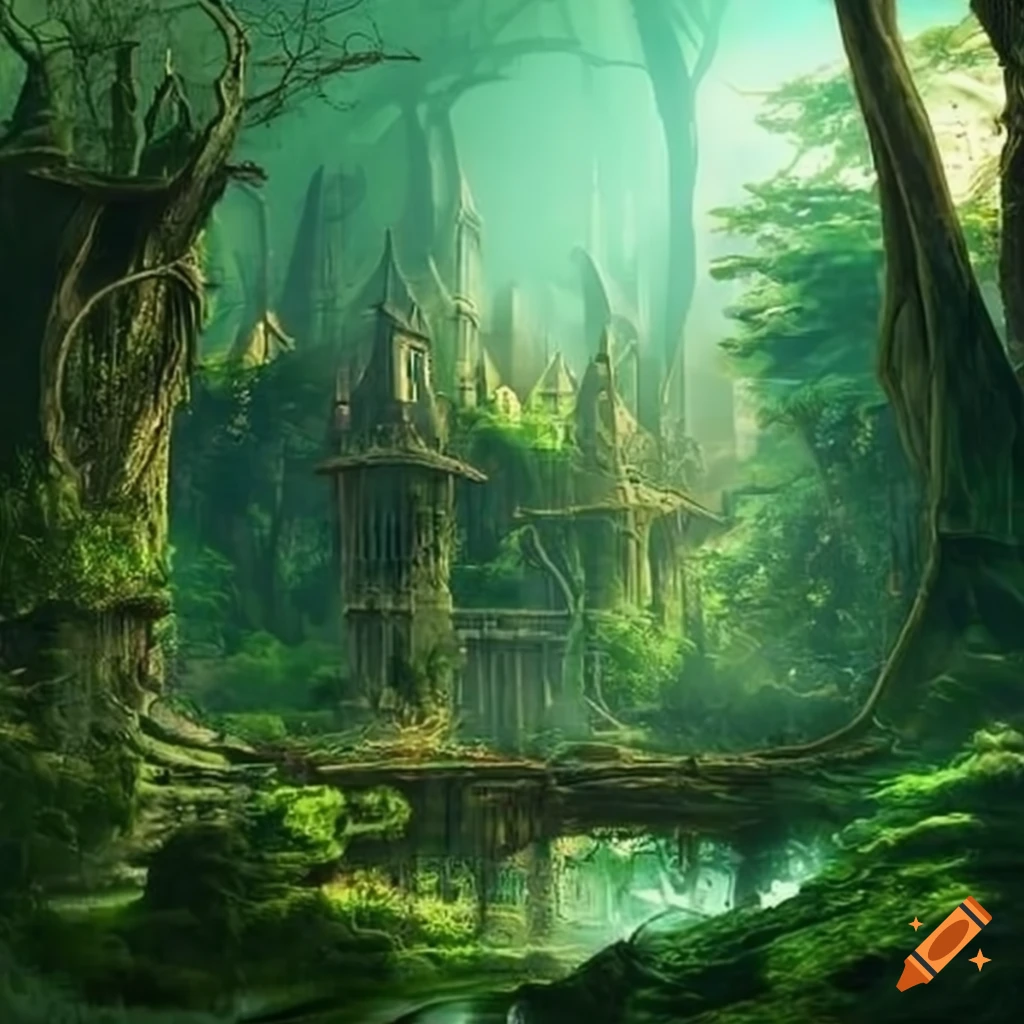 Majestic elven city nestled in lush forest on Craiyon
