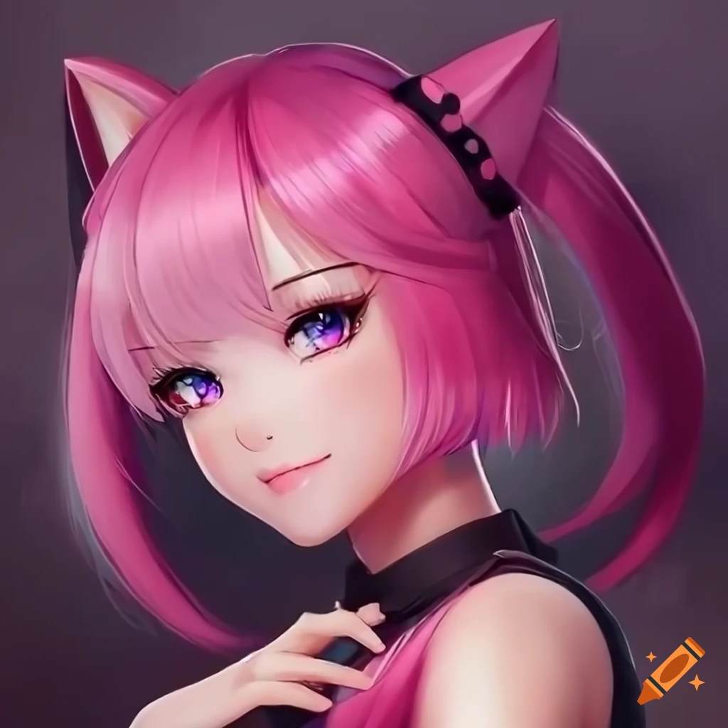 Portrait of mid body of cuttest cat girl with pink hair in anime art style,  art by sakimichan, trending on artstation, hd, 4k, delined art, anime  diffusion, cute anime eyes, perfect anatomy