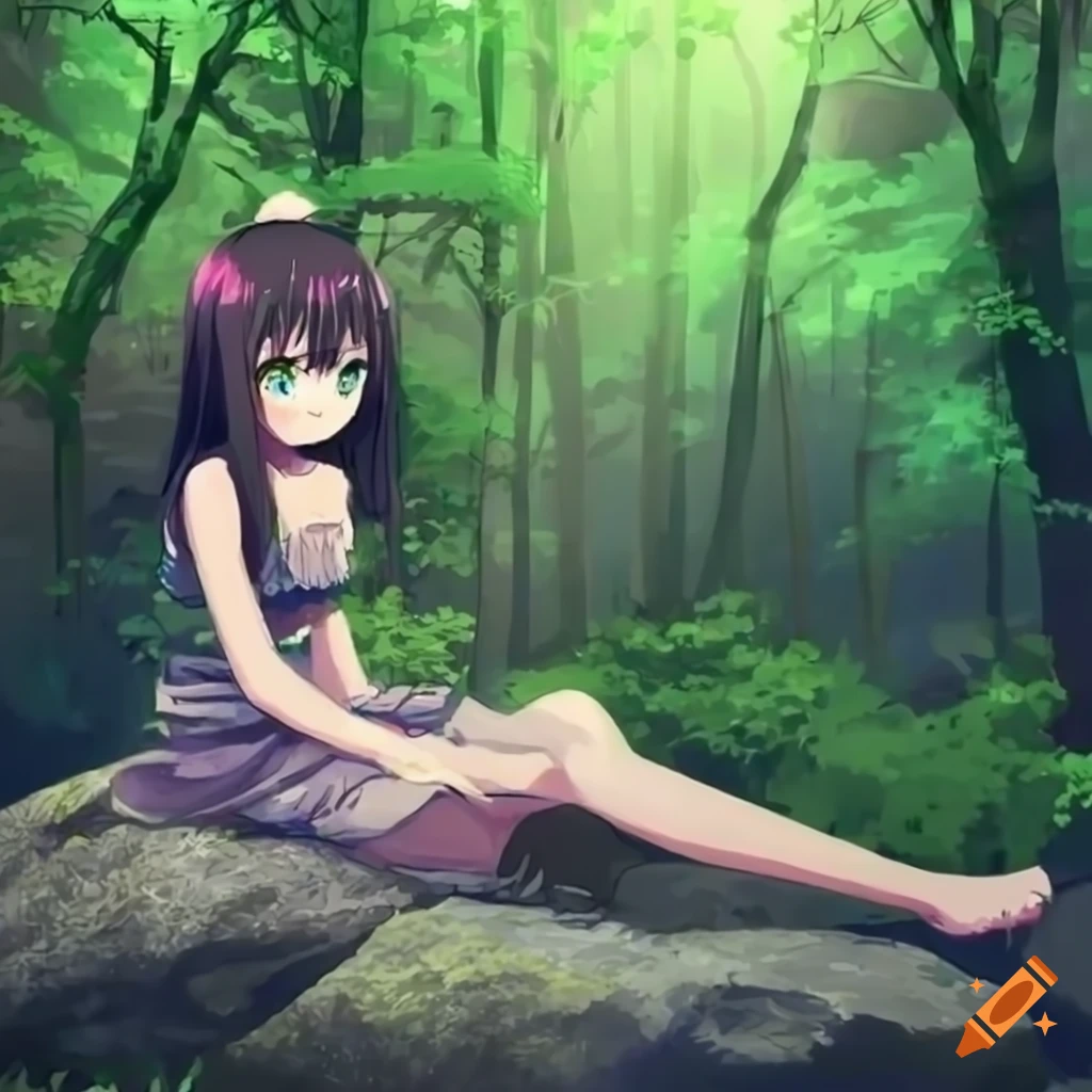 Young anime woman sitting on rocks at the beach Stock Illustration | Adobe  Stock