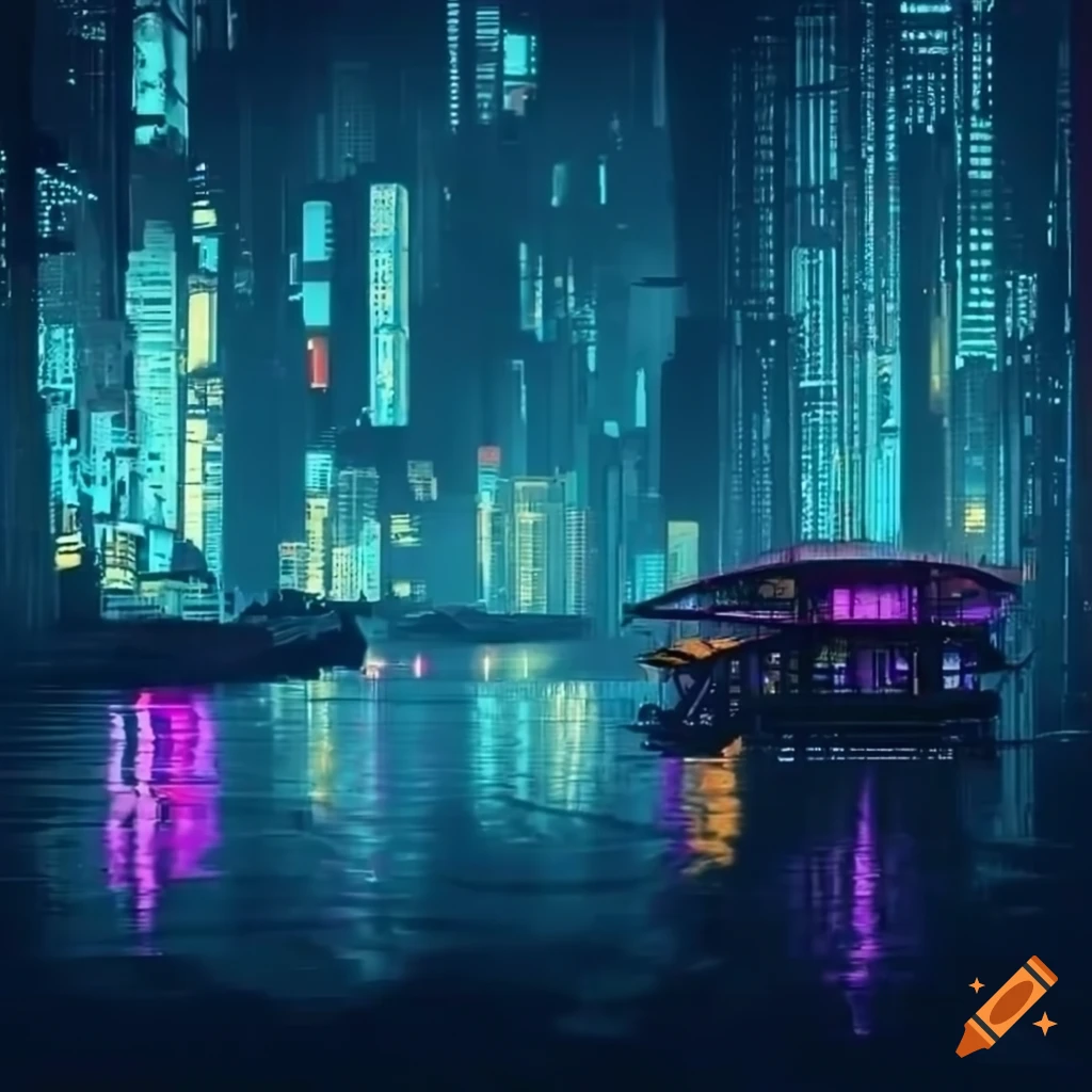 A coastal view of a cyberpunk style city at night