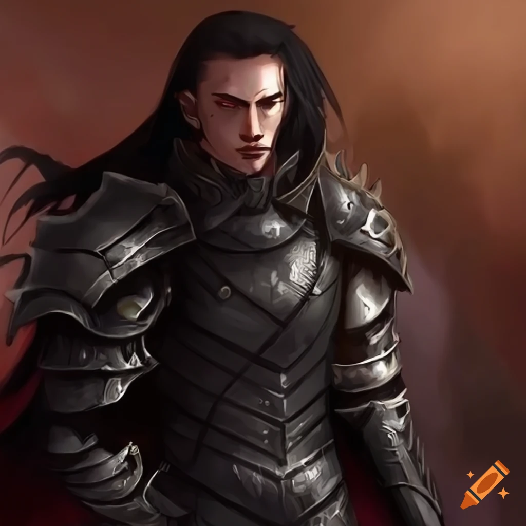 Raven, the bastard prince of arvandor, in black armor, has red eyes and