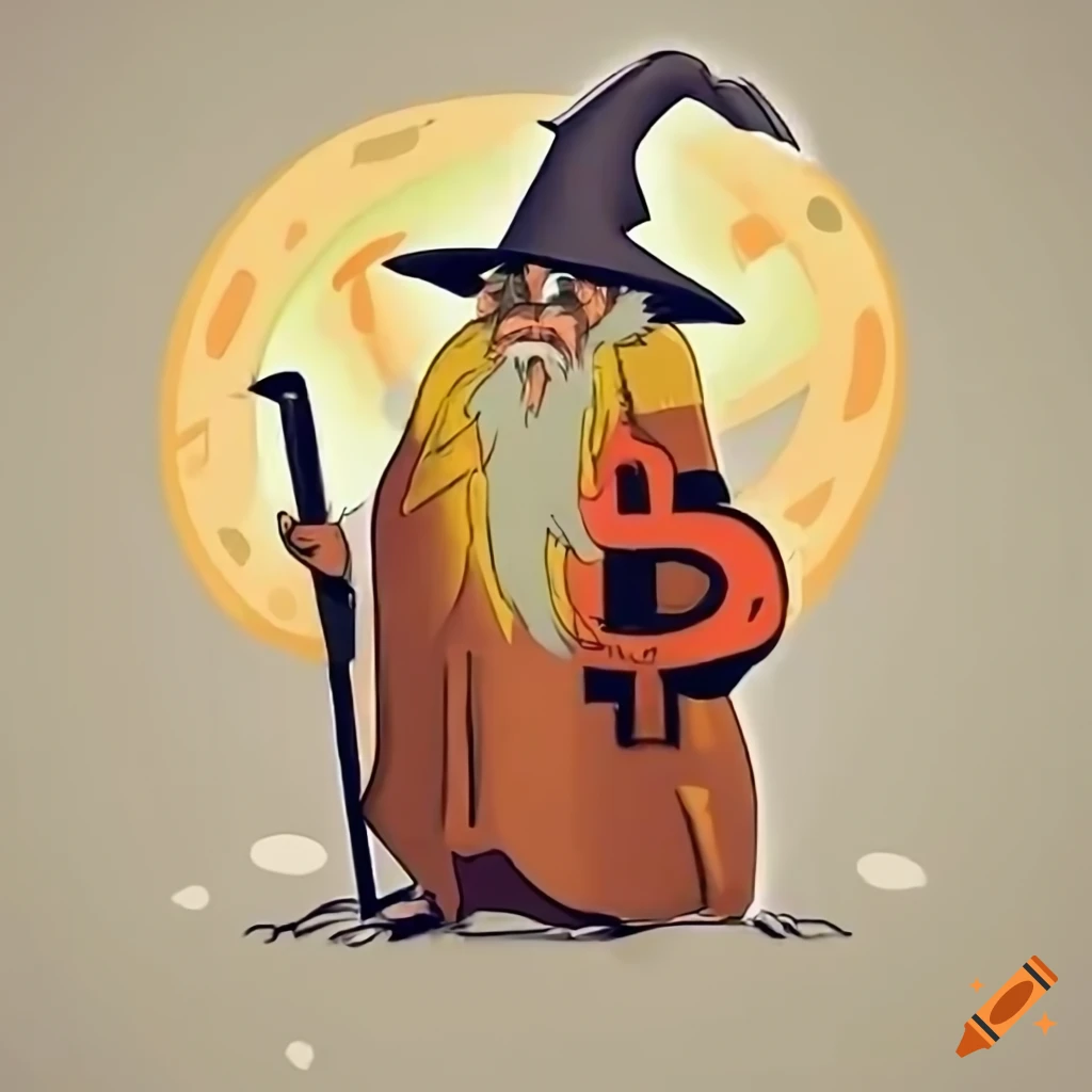 Gandalf stood at an orange and red Bitcoin ATM drawn in a funny Looney Toons cartoon style, 8k high quality imaging
