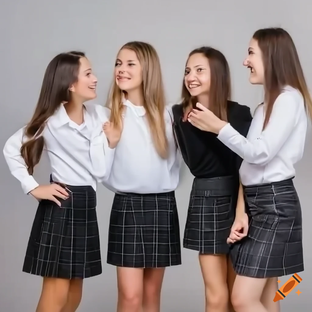 Photo of small group of beautiful young woman in white shirt and black skirt, beautiful shoes at school, talking with each other, happy