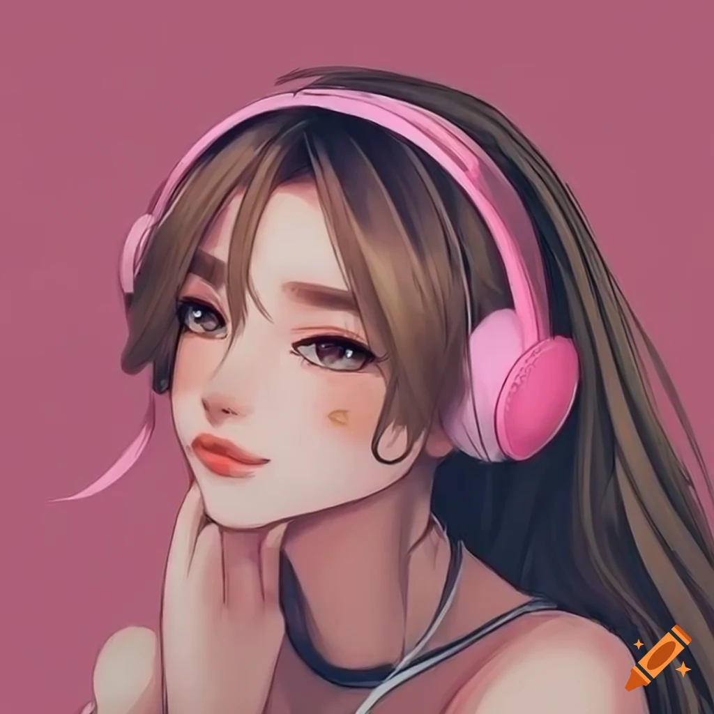 E-girl with pink headphones , brown hair and beautiful eyes cute