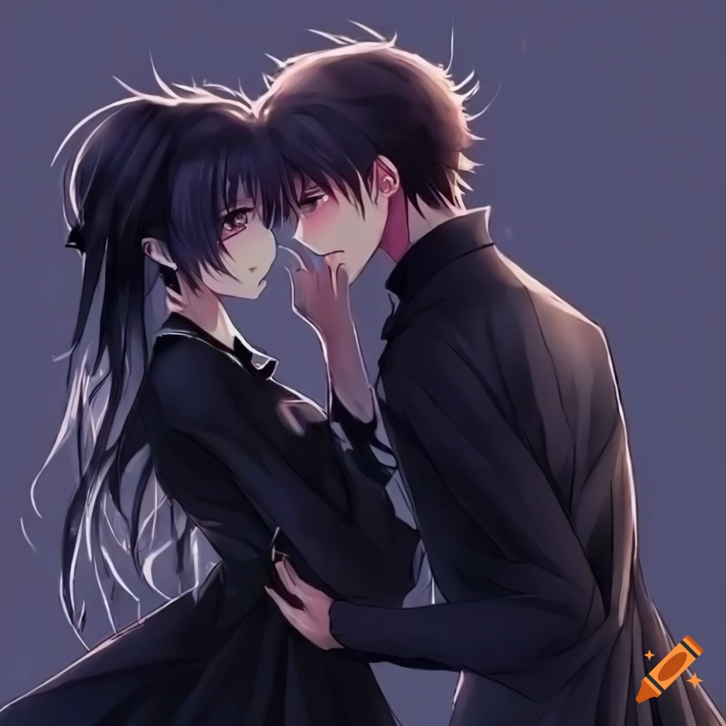 Anime, couple, black dress, handsome, gorgeous