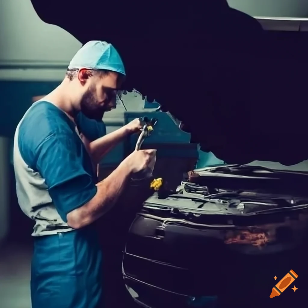 A mechanic fixing a vehicle with the open in his