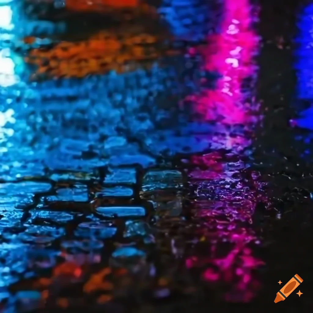 Bright neon lights reflecting on wet pavement after a heavy rain on Craiyon