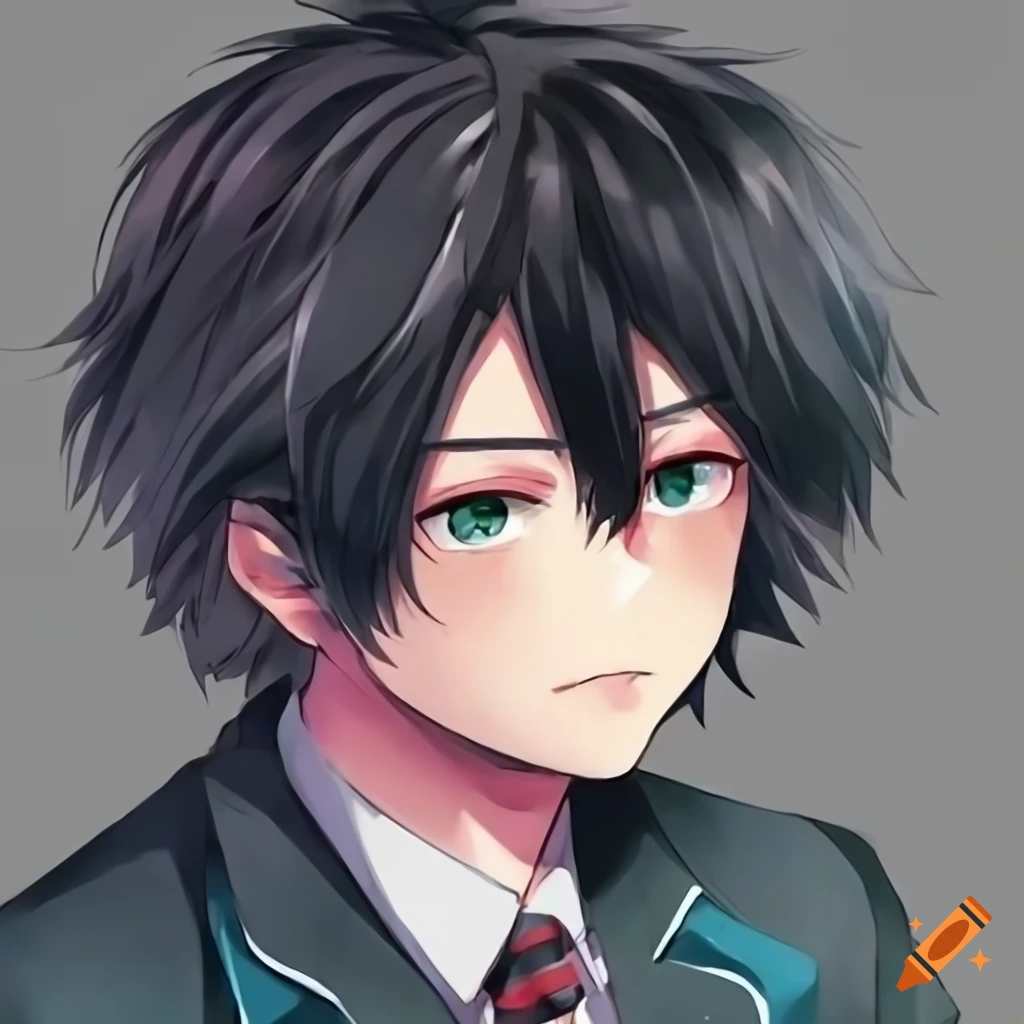 Male anime protagonist with shaggy black hair in a school uniform