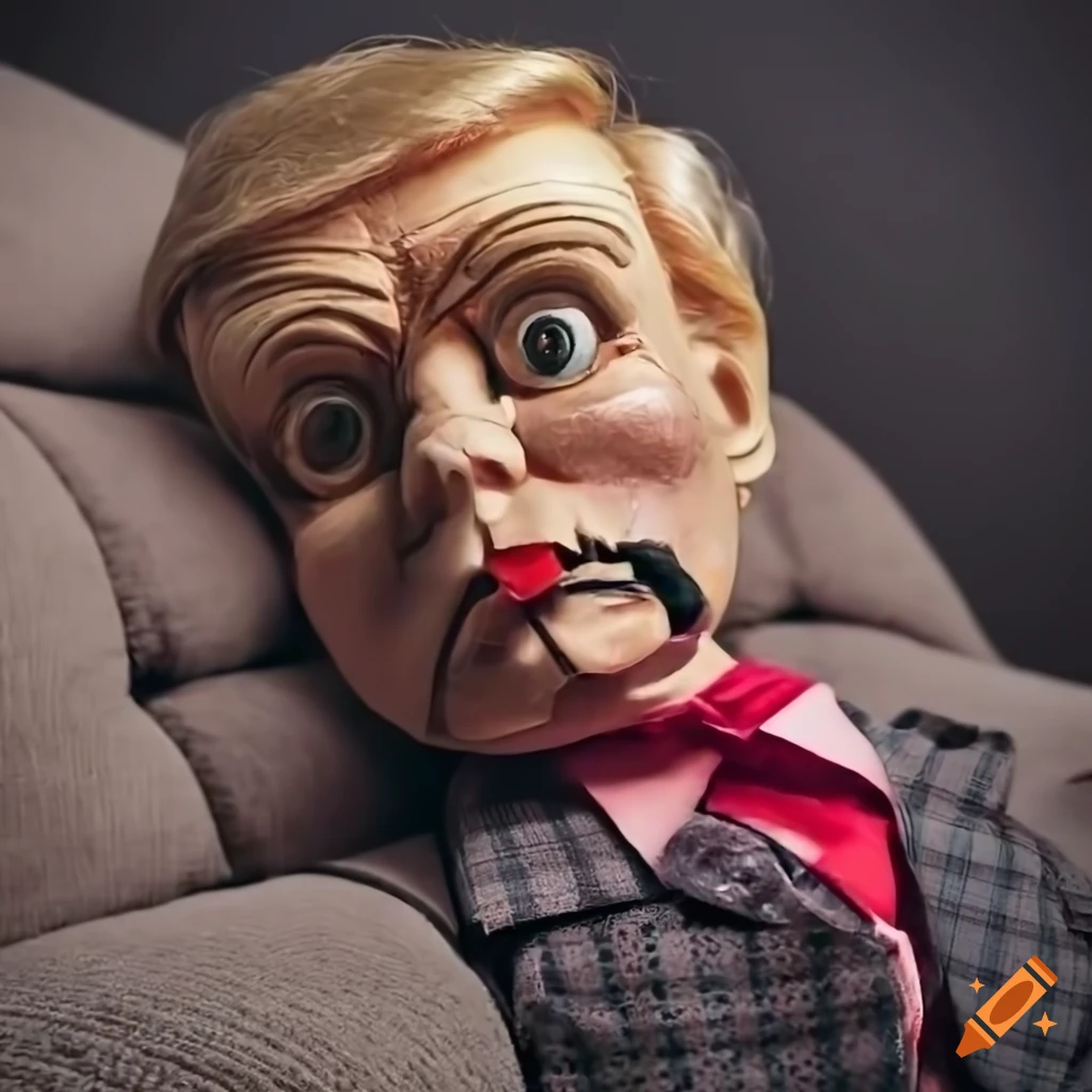 An old angry worn out trump dummy ventriloquist doll sitting slumped on a couch with a dumb