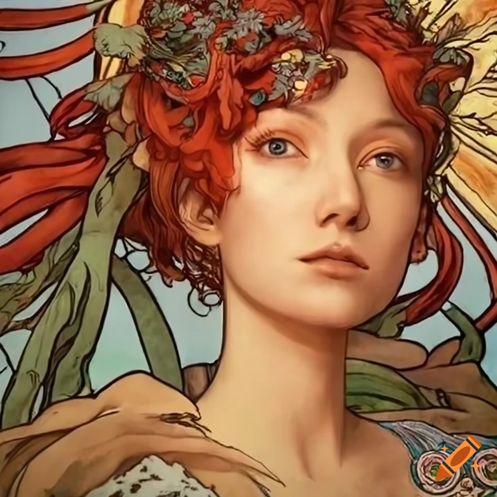 A breathtaking nature scene inspired by alphonse mucha's botanical art
