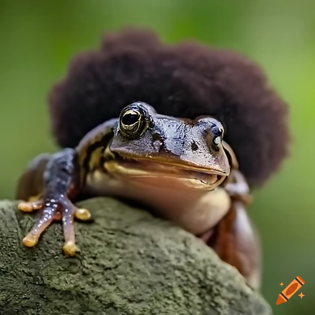 Dark brown frog with curly black afro hair on head