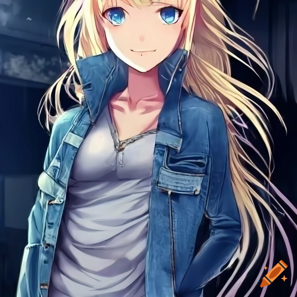 Female Anime Character Long Blonde Hair Blue Eyes Arrogant Jeans Cool Nonchalant Blue