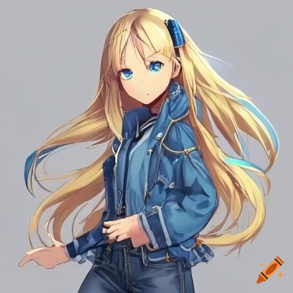 Female Anime Character Long Blonde Hair Blue Eyes Arrogant Jeans Cool Nonchalant Blue 2382