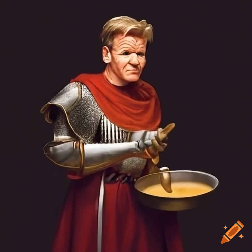 Young gordon ramsay as a holy knight holding a large frying pan on Craiyon