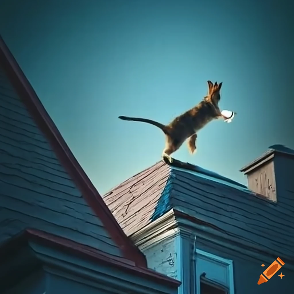 A cat jump from roof of house on Craiyon