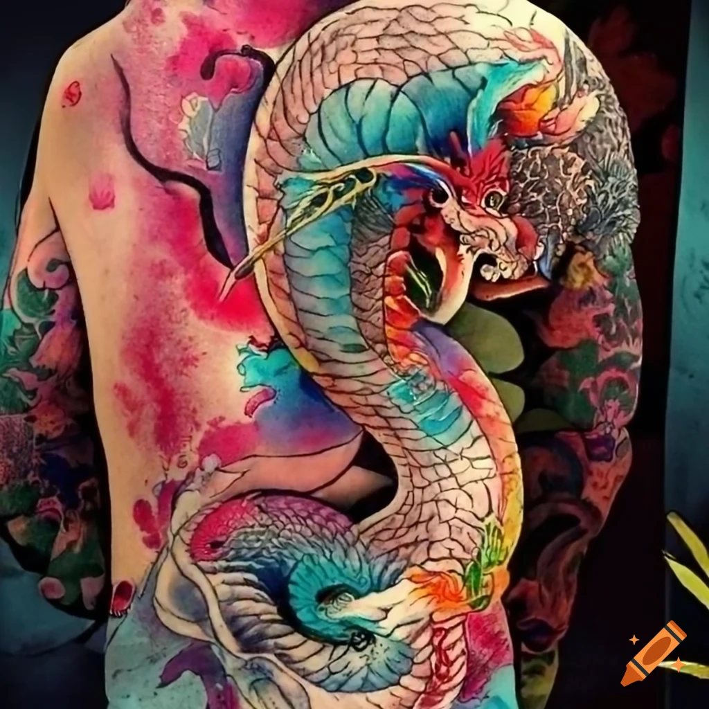 Tattoo with dragon and snake and japanese wallpaper on Craiyon