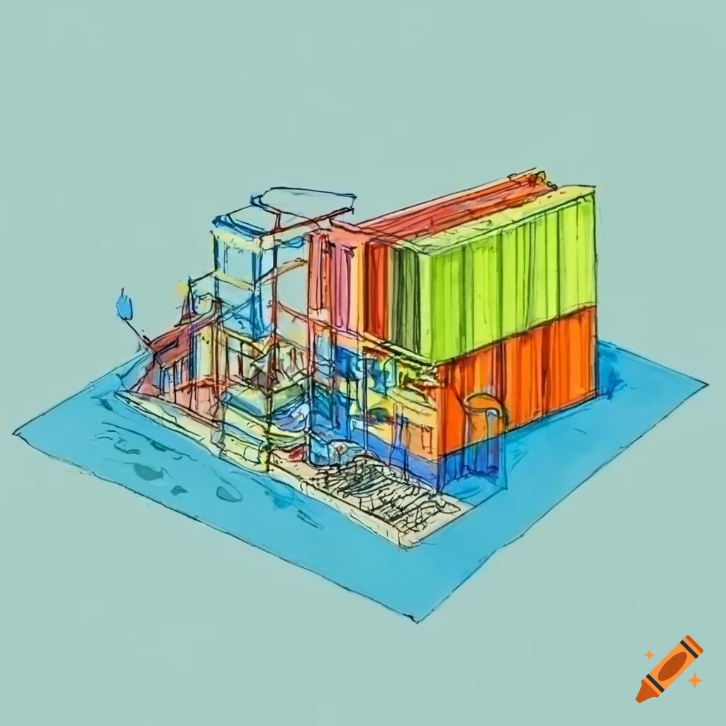 A drawing of a constructin site with one container, using the colors ...