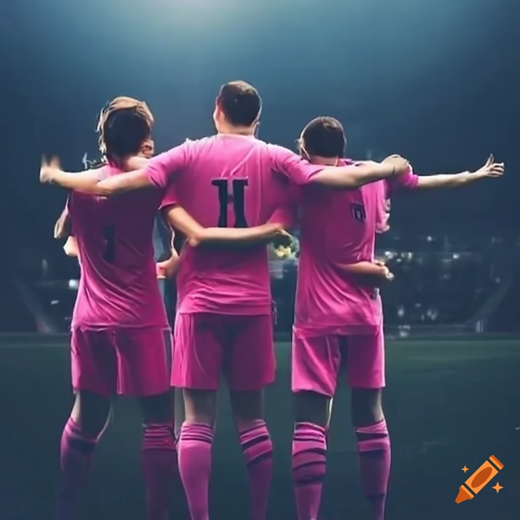 Pink soccer team hugged in front of one city on Craiyon