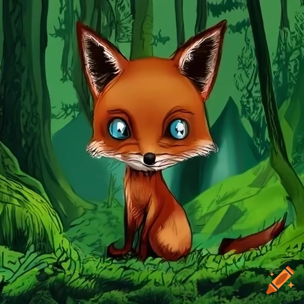 Draw a fox in deep green forest