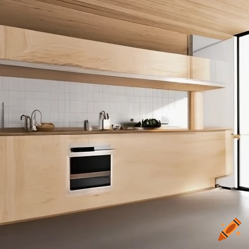 Birch plywood kitchen with acrylic countertop 2400 mm wide 3000 mm high