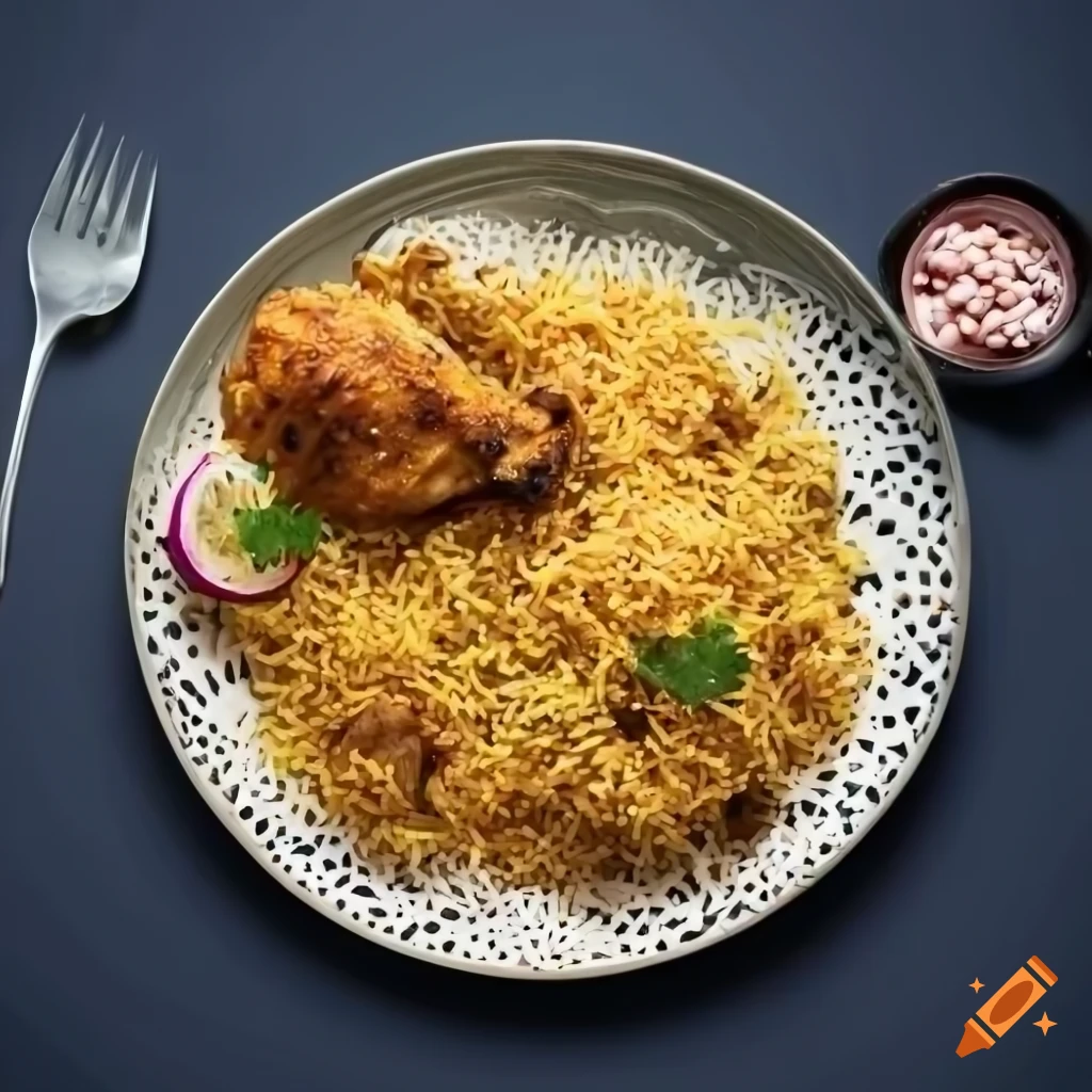 simple graphic top view of chicken biriyani, garnished with coriander, and raita on the side