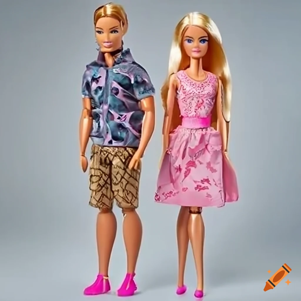 Barbie doll standing next to a ken doll with pink ribbons