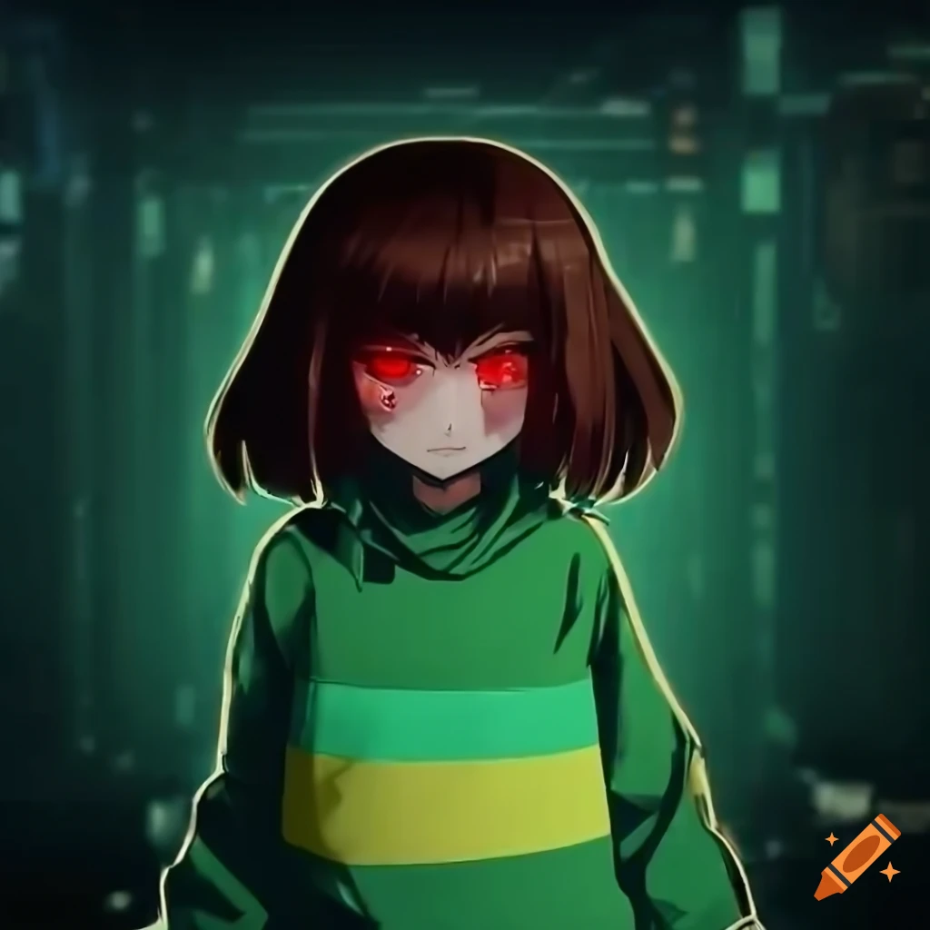 Chara(undertale), artistic composition, good color theory, threatening,  walking towards viewer, glowing red eyes, confident smirk, clear face, boss  fight, cyberpunk, alley, refined, sharpened detail, high quality, 4k