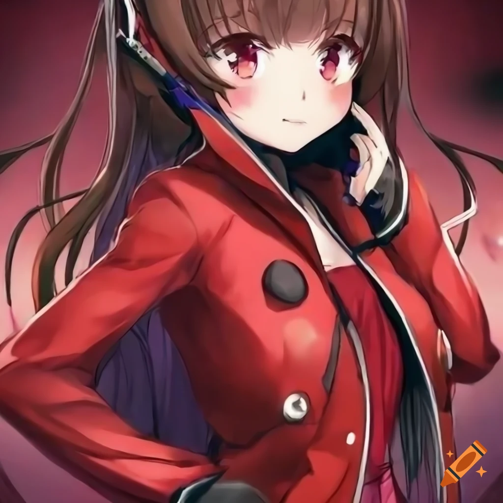 anime girl with brown hair, amber eyes, and red jacket who win at video game