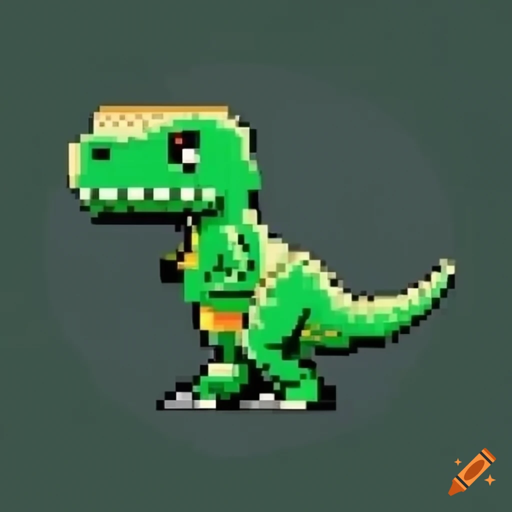 Desenho pixelado t-rex com sabre de luz na mão verde