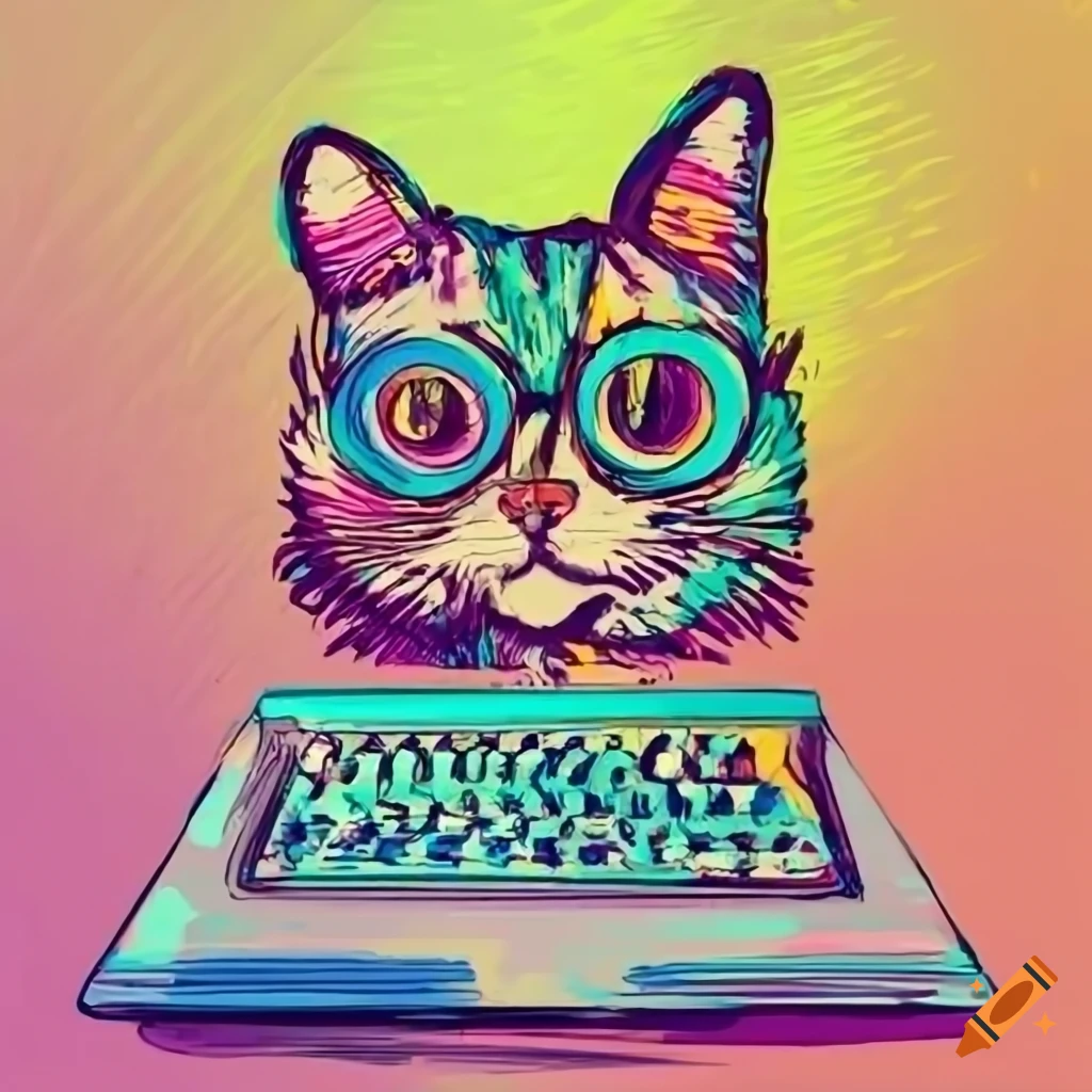 Cat sitting in front of computer cartoon style