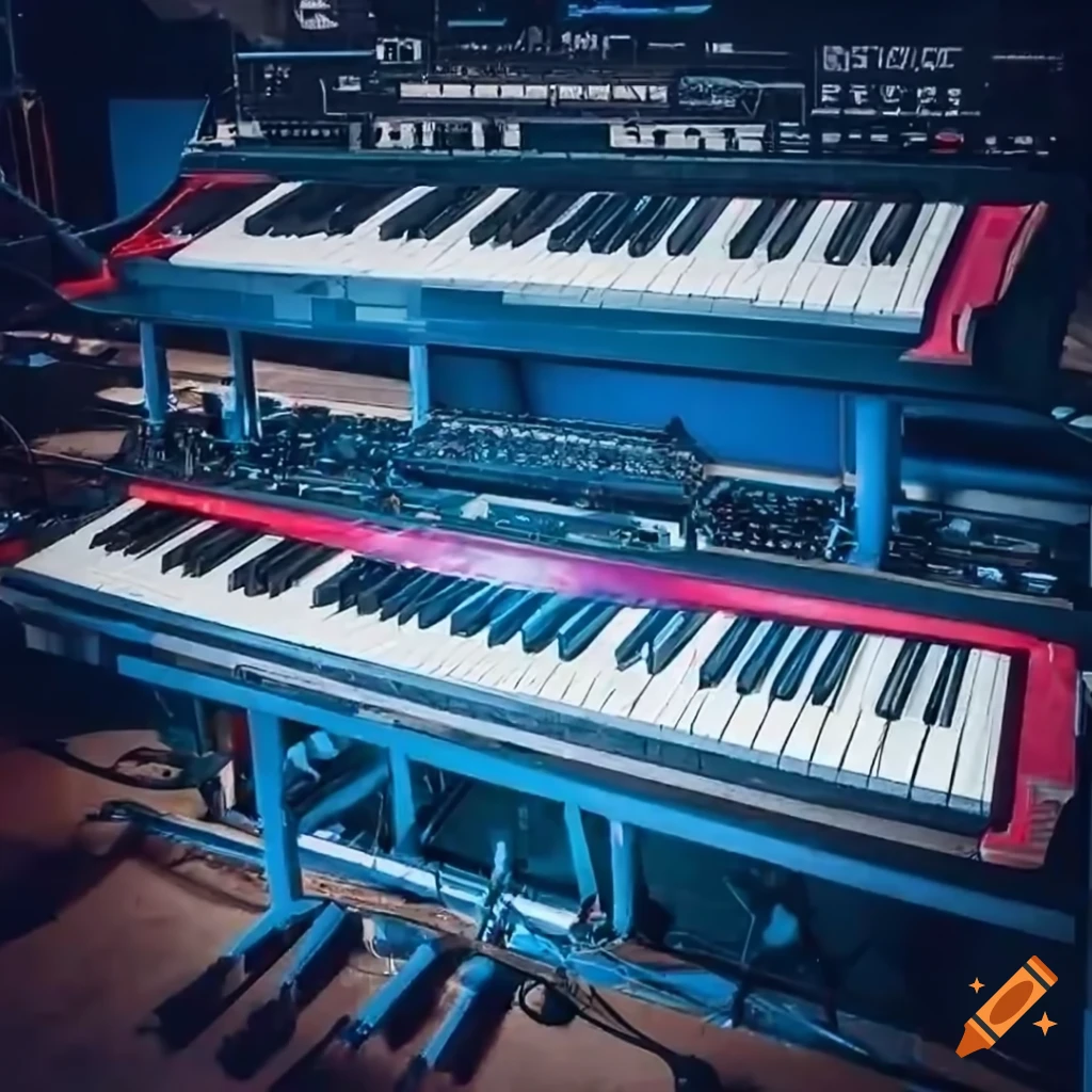 Piano and many synthesizers on a large full vast modern steal rock