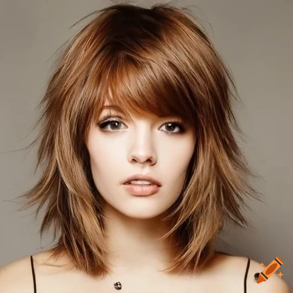 Women's shag haircut long bangs caramel color shoulder length on Craiyon