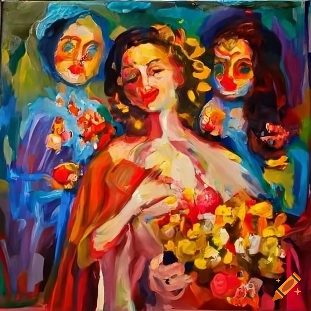 A vibrant painting depicting an joyful italian wedding celebration