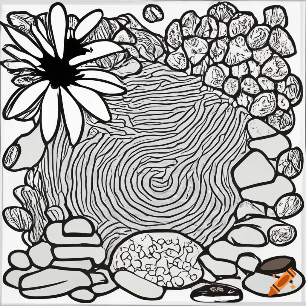 Blank coloring book page, clean lines: zen garden with raked sand and rocks  on Craiyon