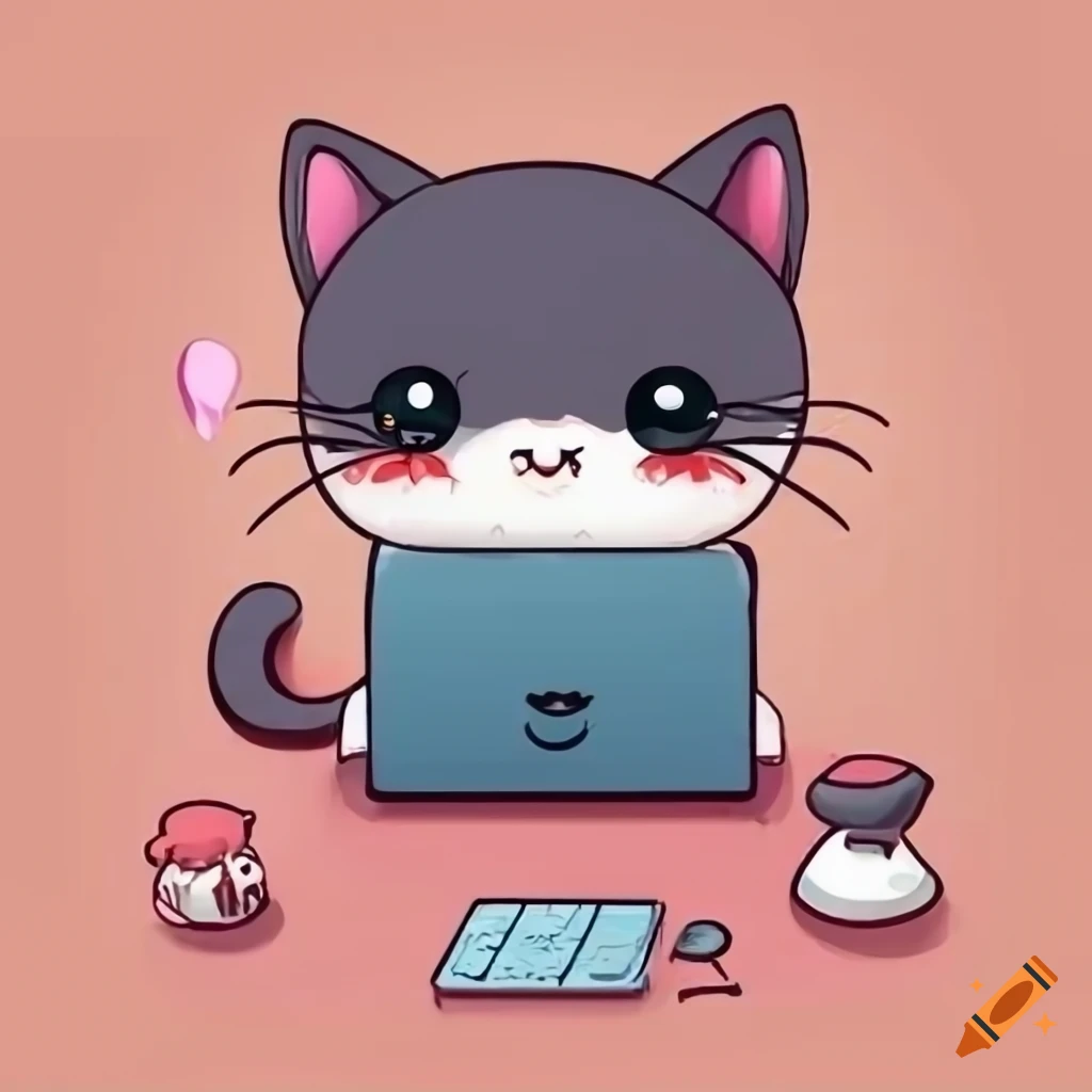 Cat sitting in front of computer kawaii chibi