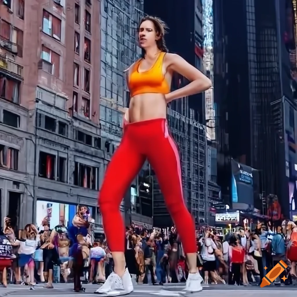 Incredibly tall woman in athletic clothing stands taller than the others in  times square, 4k, hyper real, photo real, low angle on Craiyon