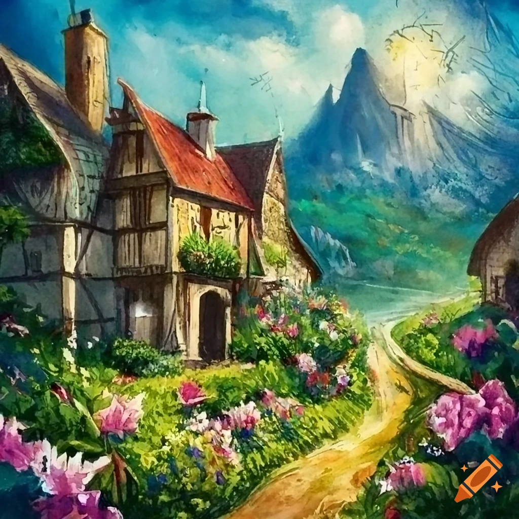 Fantasy book illustration, of a medieval village, flowers and people walking