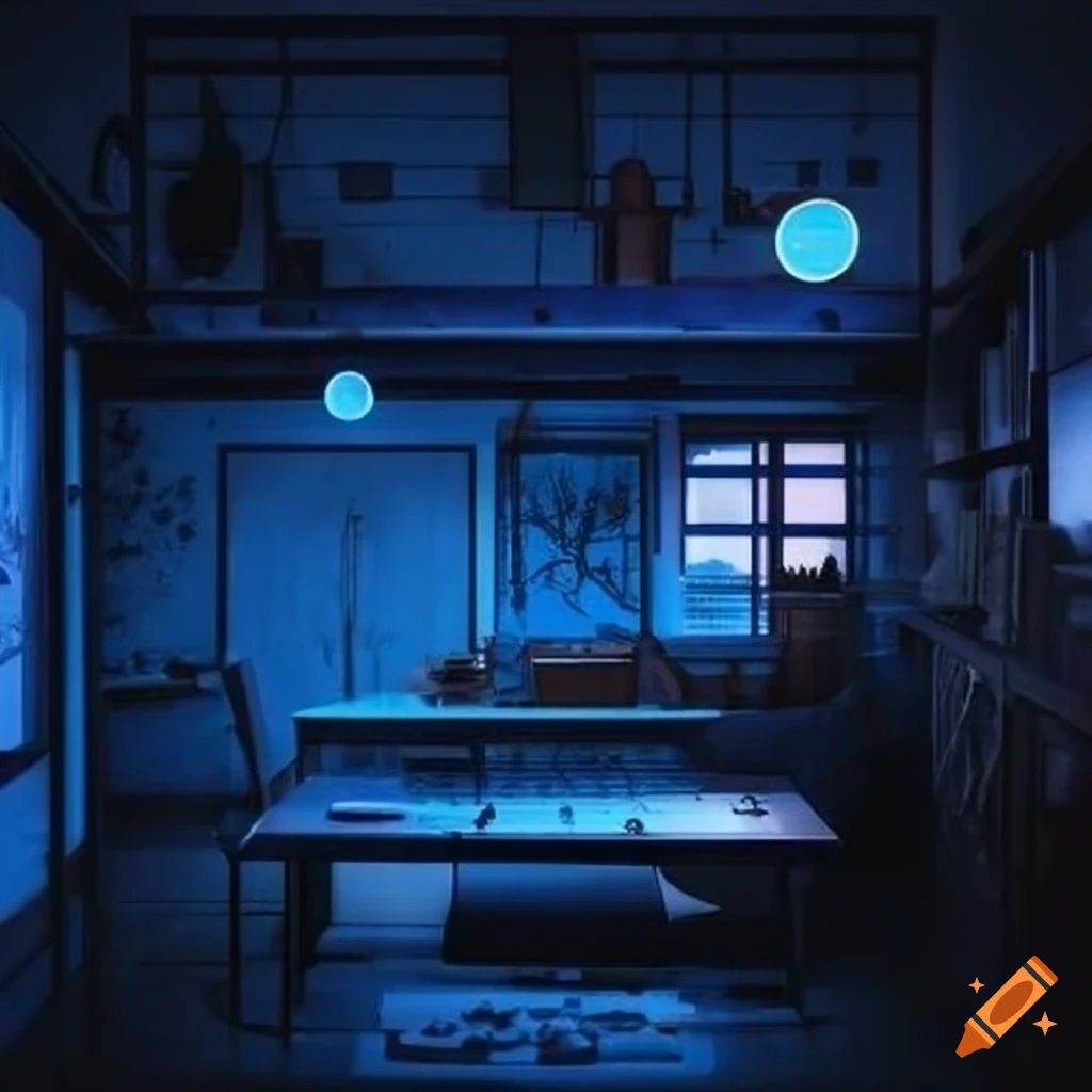 Mix of dark coding room, japaness house, blue neon light