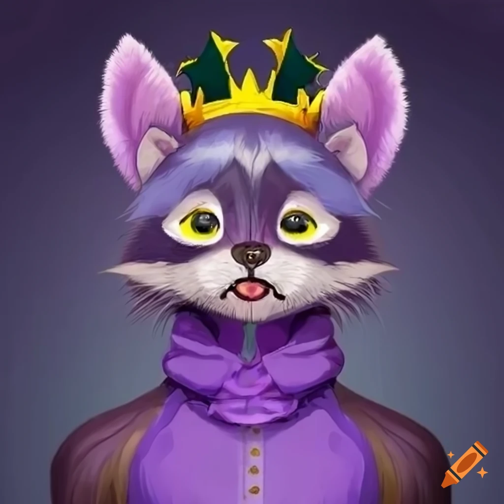 Purple anthropomorphic raccoon. yellow eyes. a yellow star in the ...