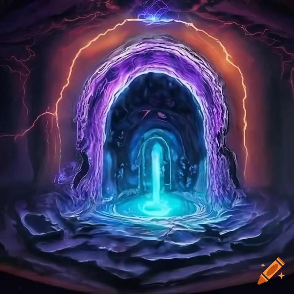 Magic portal on a room to a fantasy landscape, full of lights and ...