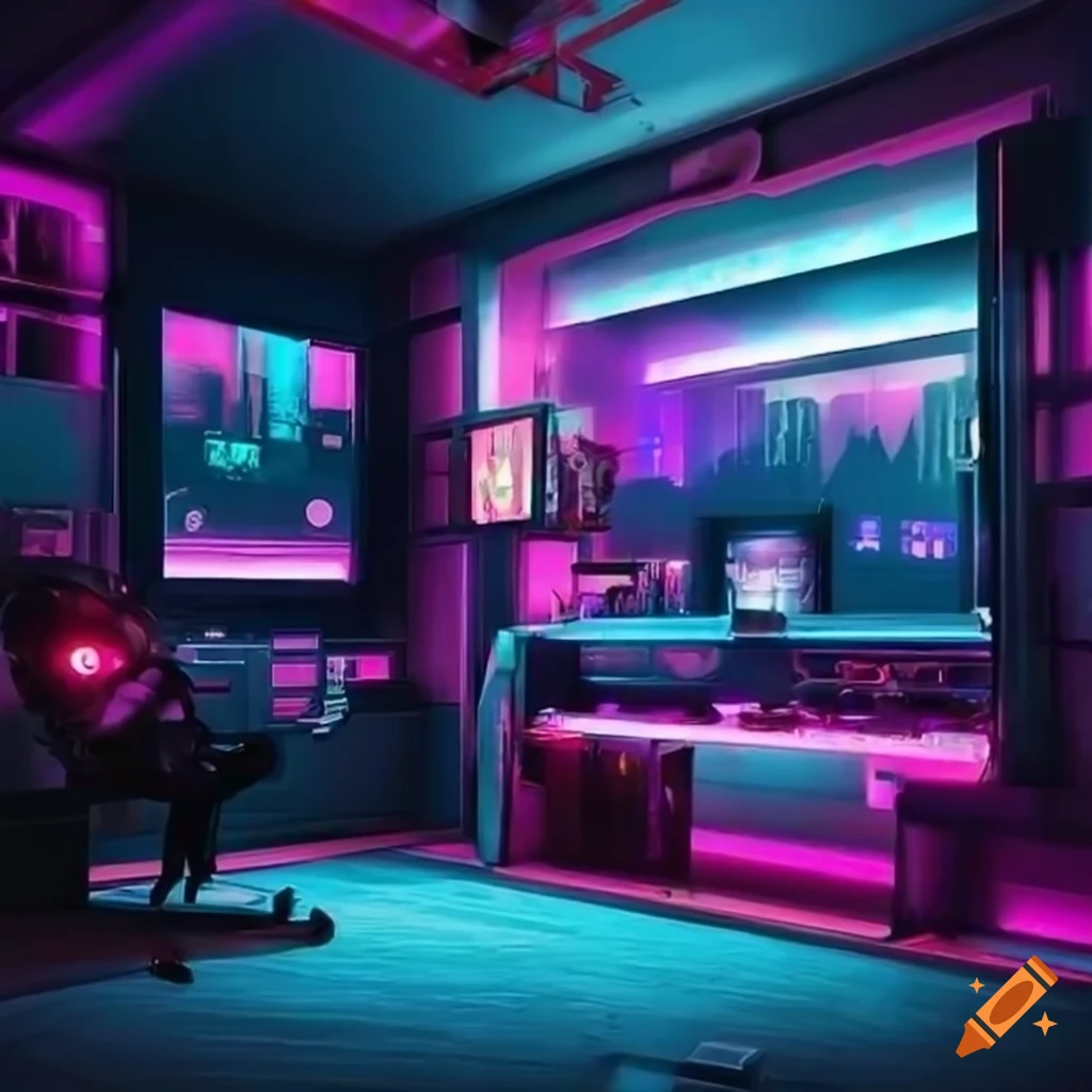 A very beautiful realistic gaming room with cyberpunk theme on Craiyon