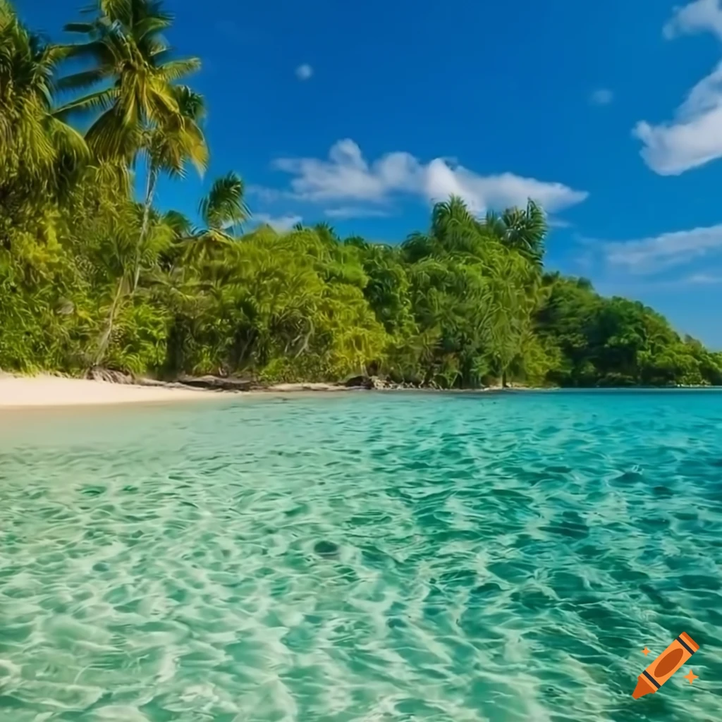 Paysage paradisiaque avec une plage de sable blanc et une cascade au