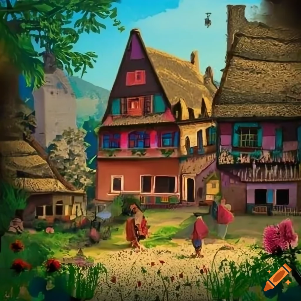 Generate an image depicting a vivid village scene with worried