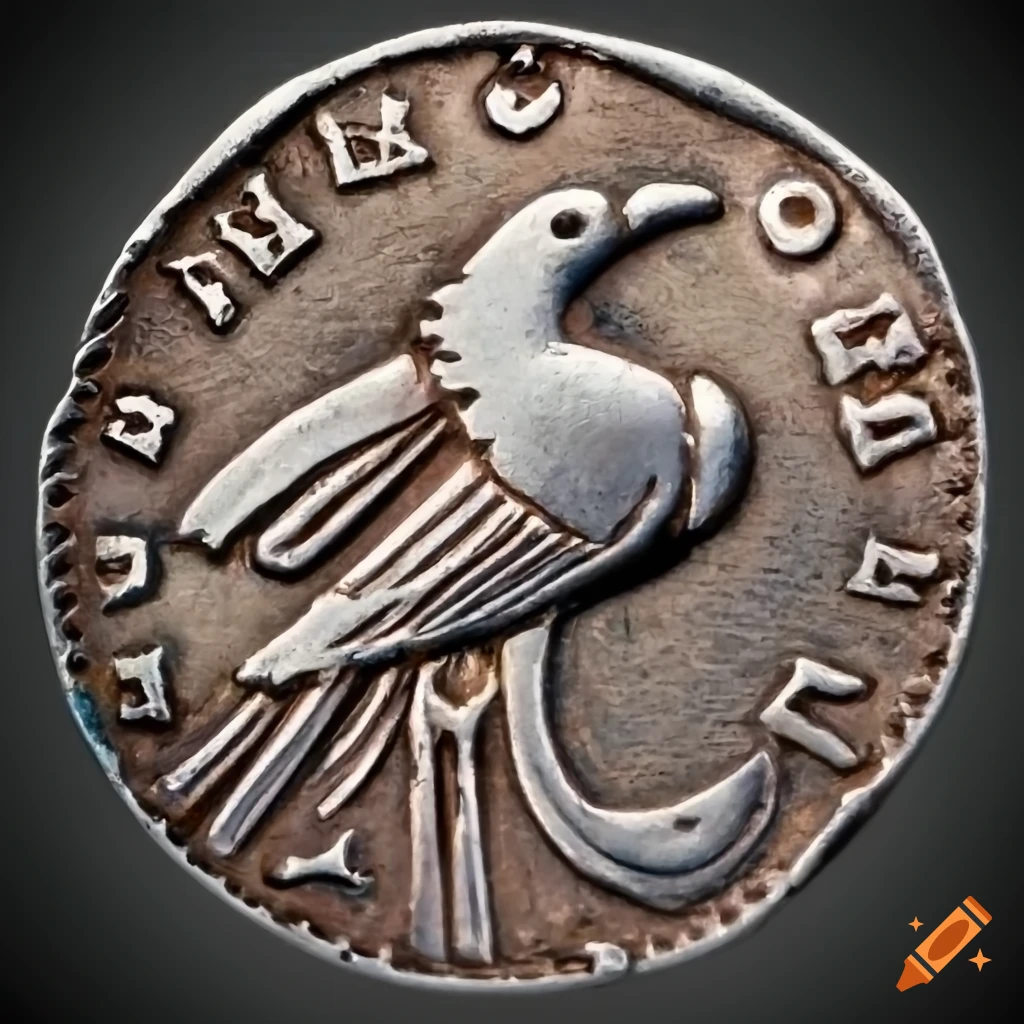 Raven Runes Coin An old silver coin, with open-winged raven on it, on the side of which ...