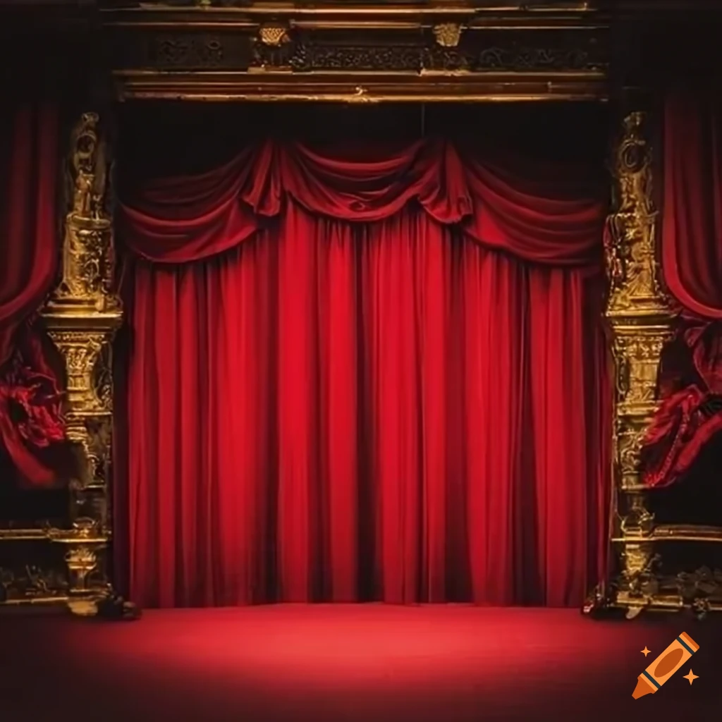 a classic theater stage with red curtains