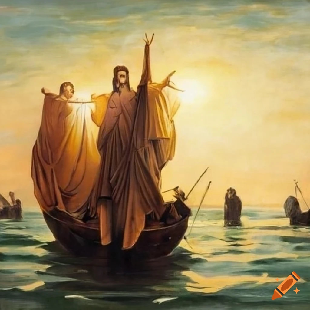 Jesus Christ on boat with apostles and five fishermen on sea of Galilee ...