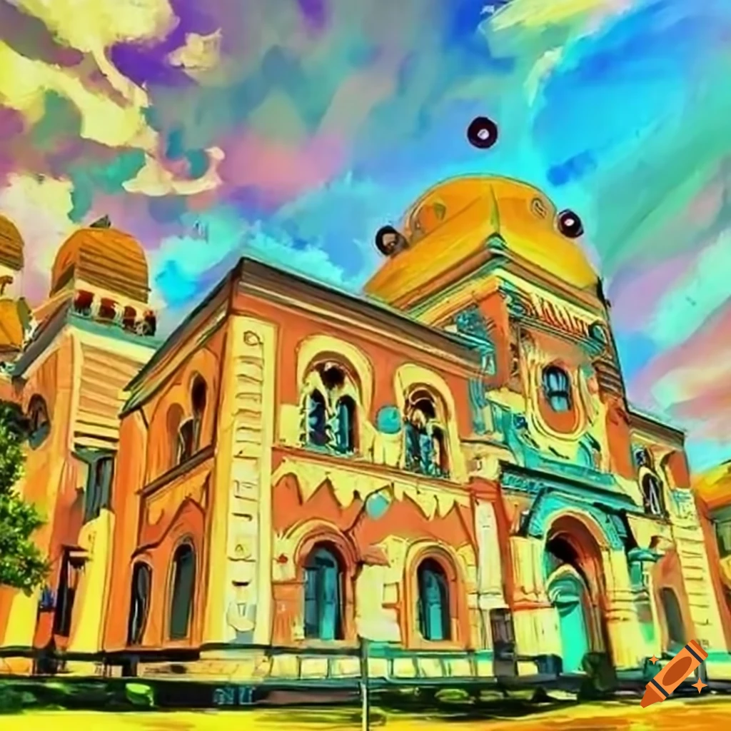 Szeged synagogue in hungary, with colorful painting style on Craiyon